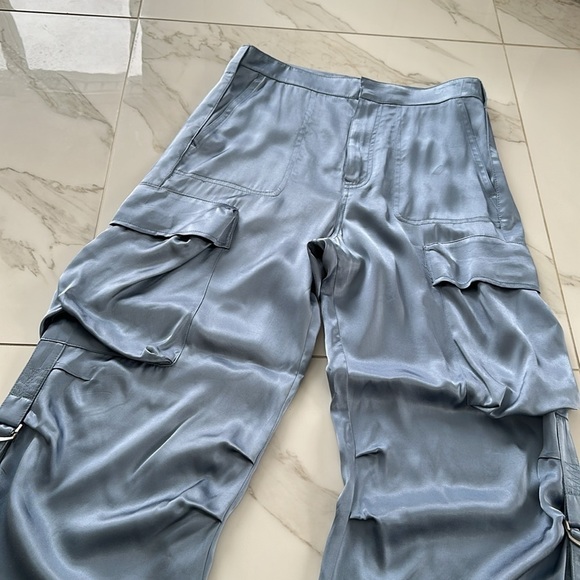 NWOT Zara blue satin-like flowy high waisted cargo pants w/ drawstring hem Sz M - Picture 10 of 15